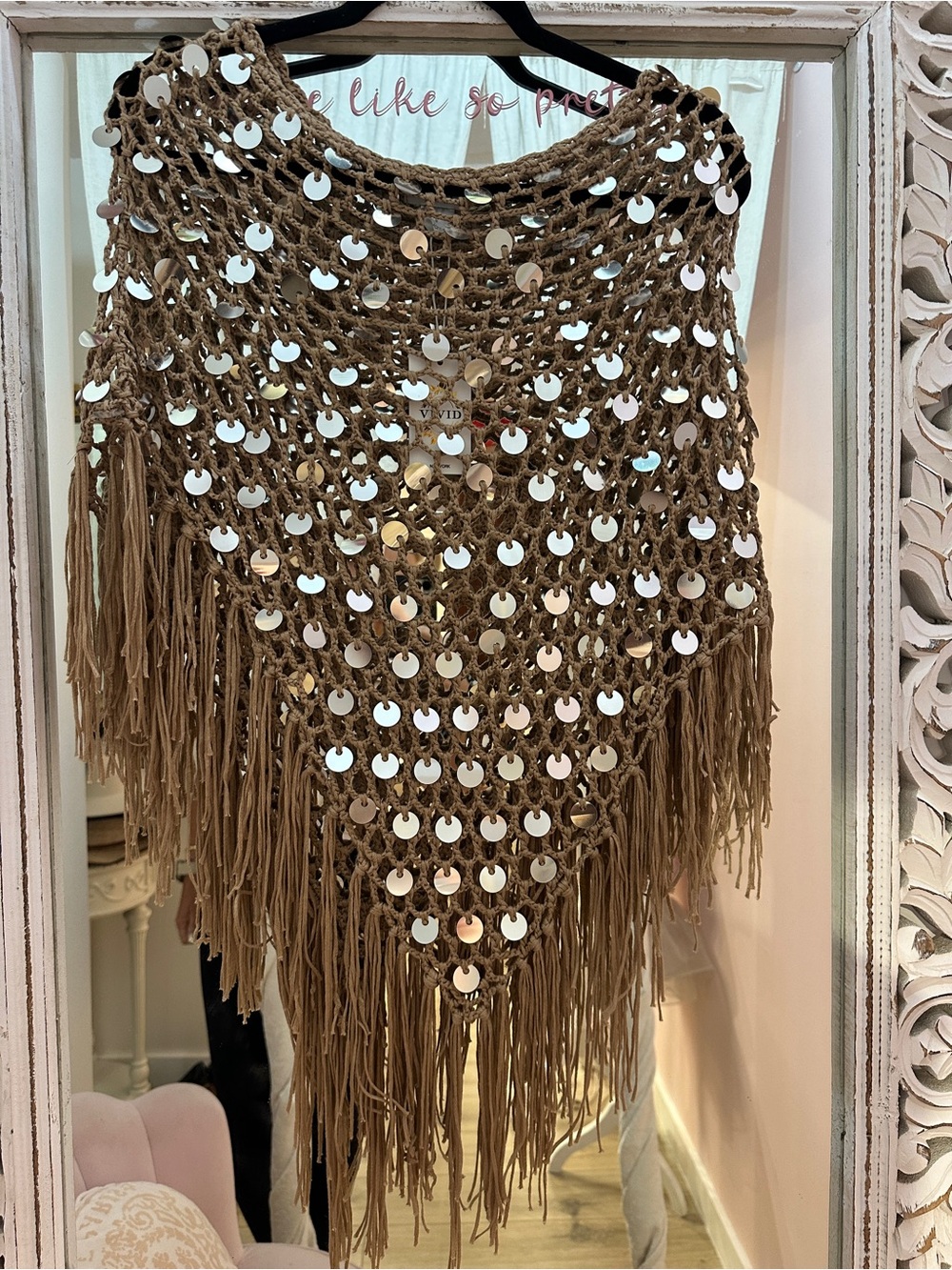 Fringed Crochet Tunic with Metallic Discs - Brown - Picture 1 of 4